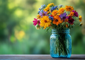 Colorful flowers in a glass vase on a wooden table with a blurred green outdoor background, spring or summer concept, beautiful flower bouquet in a water jar.