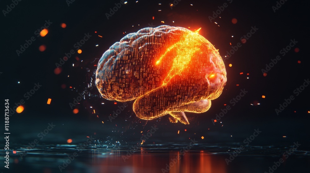 Aufkleber digital brain on fire. hot spot, neural network, artificial intelligence. 3d rendering.