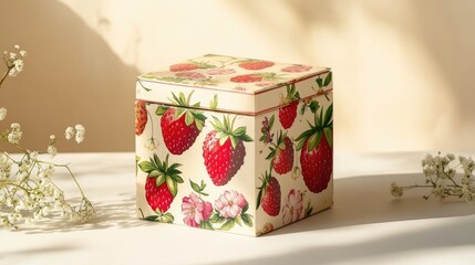Floral and strawberry-themed gift box, featuring glossy strawberries and fresh blooms on a light, neutral background.