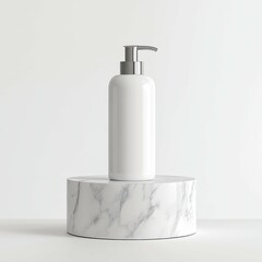 Elegant White Lotion Bottle Displayed on Marble Stand in Minimalist Studio Environment