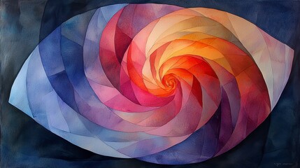 Abstract watercolor painting of a spiral eye in warm and cool tones.