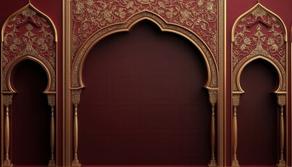 Naklejka premium Elegant Golden Archways with Intricate Arabesque Design on a Rich Maroon Wall Background.