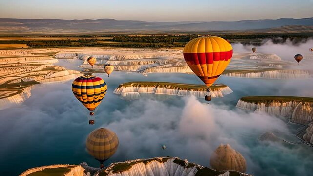 Hot air balloons flying in Pamukkale, Turkey.