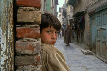 A boy is standing in front of a brick wall