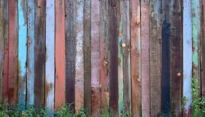 weathered multicolored wooden fence with vertical planks and peeling paint, rustic texture ideal for background, vintage decor, or artistic design

