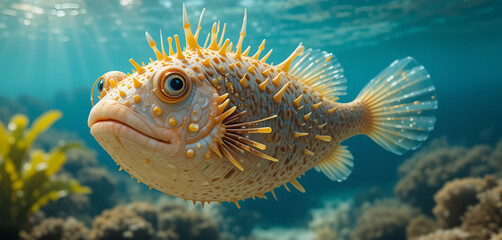 Pufferfish
"A spiky pufferfish floats in crystal-clear tropical waters, its inflated body glowing with golden hues. The intricate details of its spines and its wide.