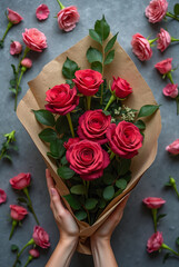 Creative floral concept. Florist wrapping bouquet of red blooming roses and flowers with leaves in craft paper surrounded by flowers on grey chalk surface. Presentation mockup. Top view, flat lay.