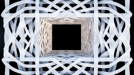 Interwoven grids creating a deep 3D cube illusion in white, futuristic and striking Illustration --chaos 10 --ar 16:9 --style raw --stylize 0 --v 6.1 Job ID: 6156d9d3-778a-437b-9f5d-69a3062620ba