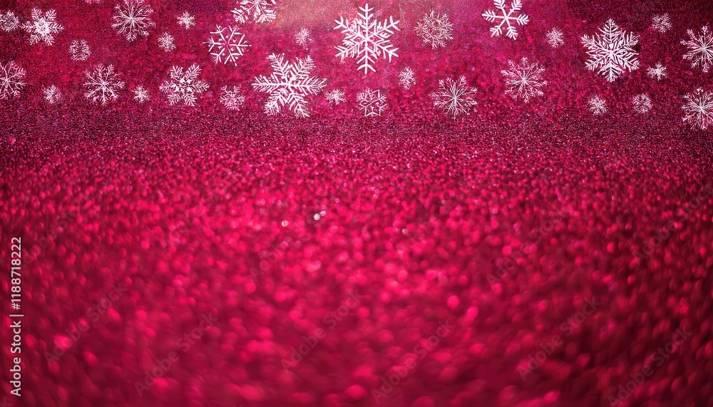 Poster sparkling red festive background with white snowflakes, glitter texture, and soft light bokeh for ho