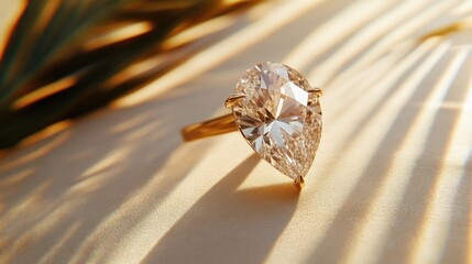Pear-shaped diamond ring on beige fabric with palm leaf shadows.