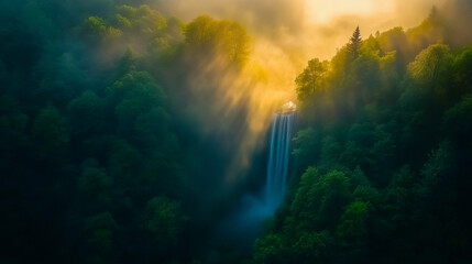Fototapeta premium Dense tropical forest with a cascading waterfall illuminated by golden sunlight, creating a breathtaking scene of nature's grandeur.