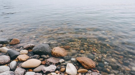 Obraz premium Serene Riverbed- Crystal Clear Water Over Smooth Stones