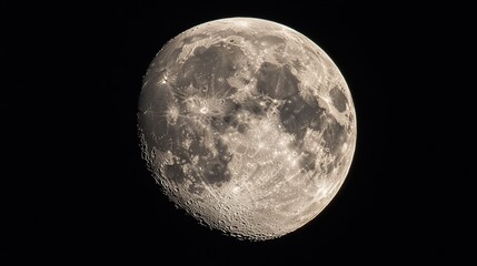Obraz premium Gibbous moon in dark night sky, showing craters and surface texture.