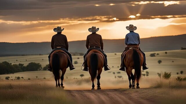 Back view of three cowboys.