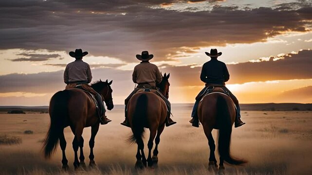 Back view of three cowboys.