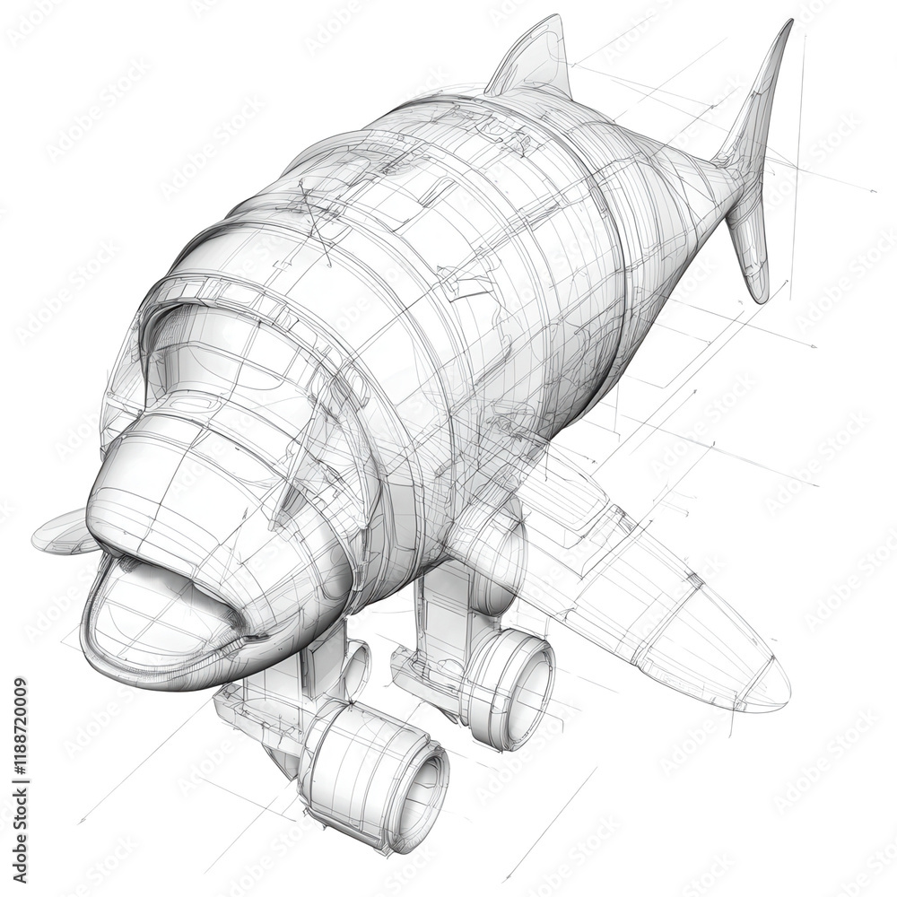 Poster a futuristic design of a hybrid aircraft resembling a fish, showcasing innovative engineering with a