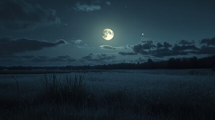 Fototapeta premium Full moon over tranquil field at night.