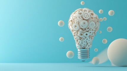 Innovative light bulb design with interconnected gears inside, floating on a smooth blue background with space for copy or branding.