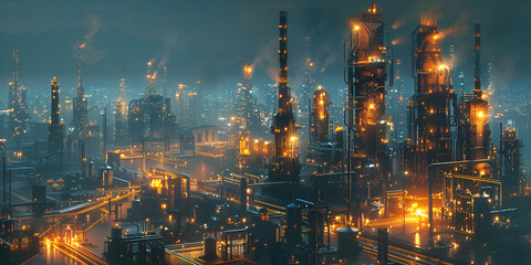 Fototapeta premium Illuminated Industrial Oil Refinery at Night with Towering Structures and Smoke 