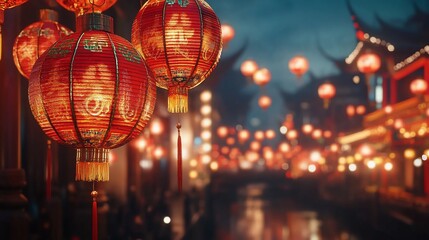 Obraz premium Red lanterns illuminate a bustling Asian street at night.