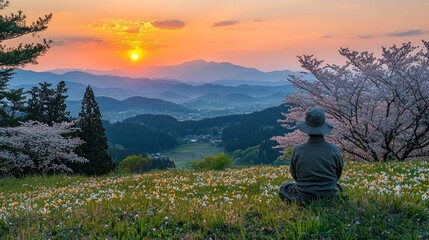 Fototapeta premium Serene Sunset View Person Contemplating Nature s Beauty in Springtime Flower Field