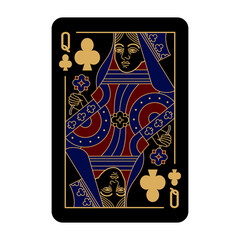Queen of Clubs Poker playing card isolated on white background. Black, gold, blue and red color design. Vector illustration.