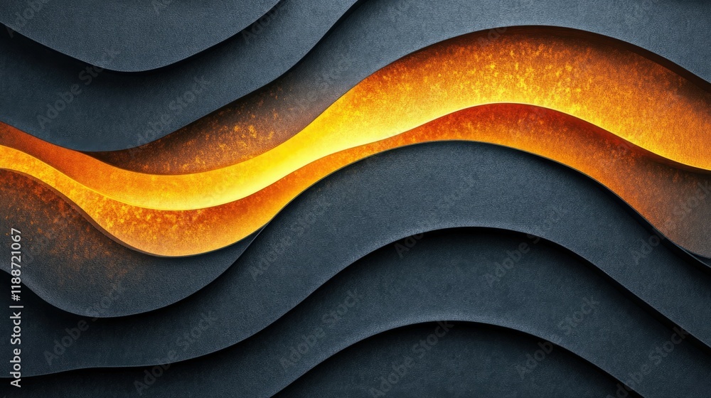 Poster layered curved lines in flame and gold hues overlapping to create depth, set against a subtle textur