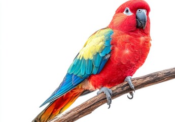 Fototapeta premium Lovebird parrot perched on a wooden stick against a clean white background. Photomontage showcasing the vibrant bird.