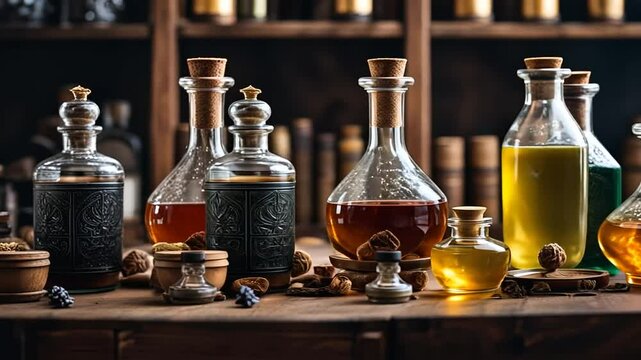 Potions on a potions table.