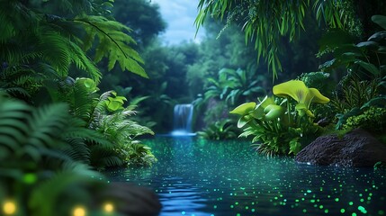 Fototapeta premium A lush green jungle with a waterfall and a stream