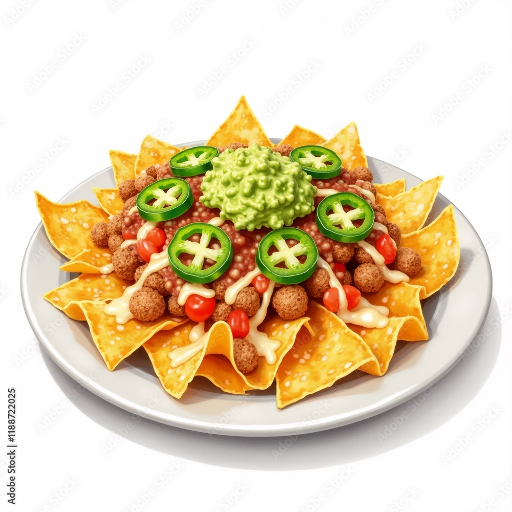 Poster the image is a 3d rendering of a plate of nachos. the plate is white and round, and it is placed on 