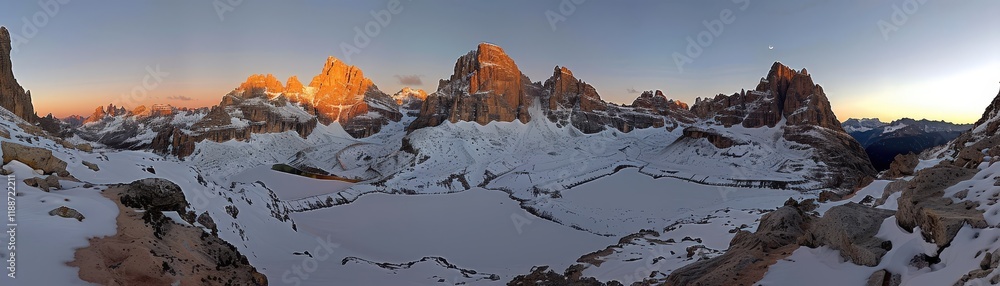 Poster a panoramic view of a snowy mountain range with a sunset in the background