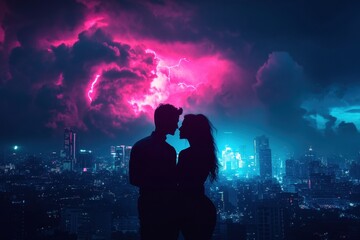 Couple silhouetted against a dramatic lightning storm over a city skyline at night