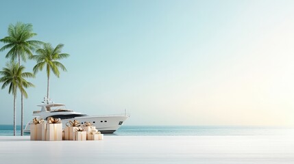 Naklejka premium A white boat is docked on a beach next to two palm trees