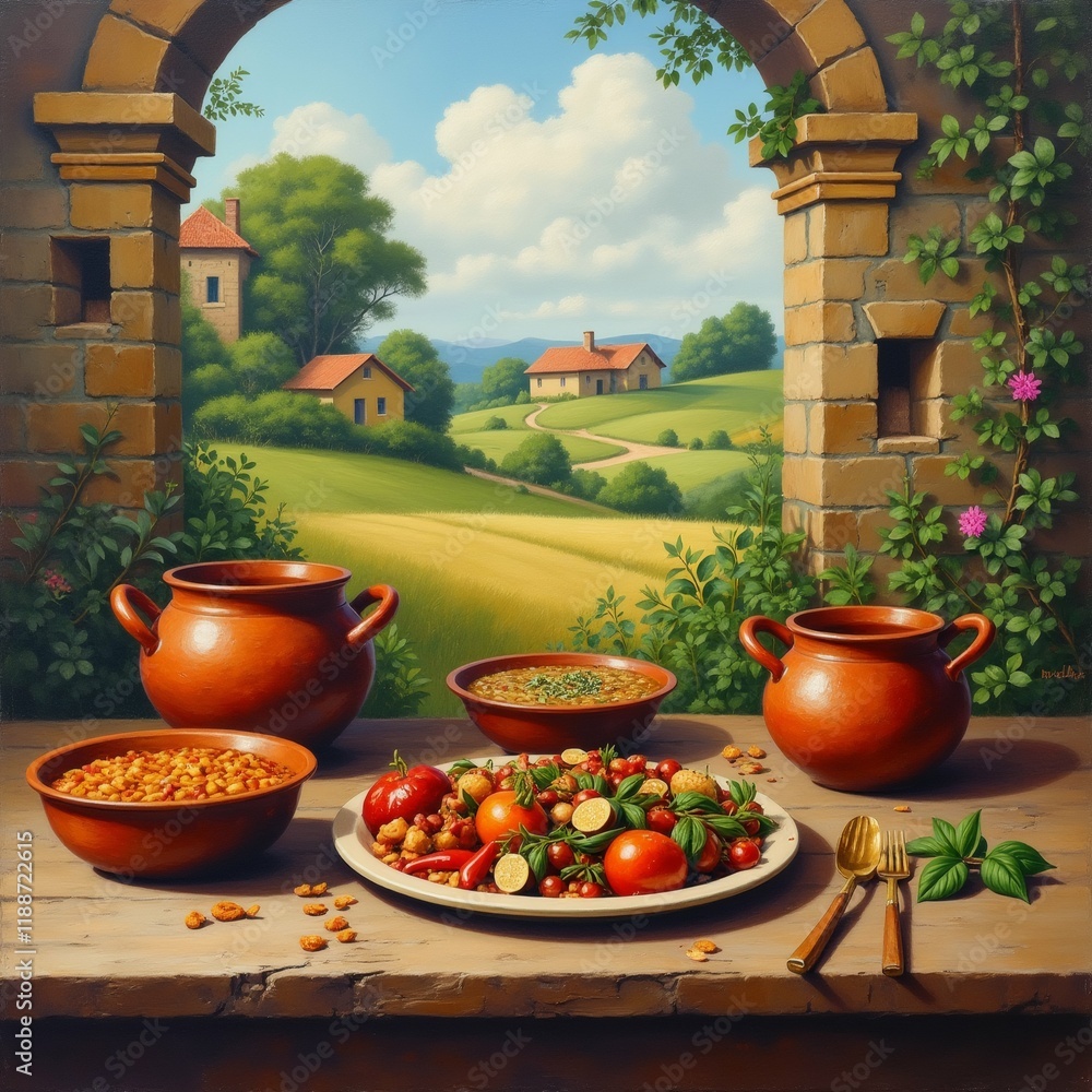 Poster the image is a painting of a table with a variety of food items on it. the table is set up in front 