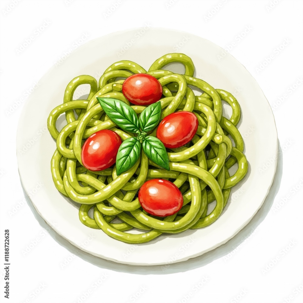 Poster the image is a plate of spaghetti with three cherry tomatoes and a sprig of basil. the spaghetti is 