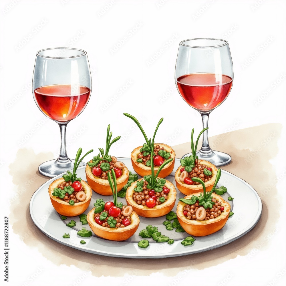 Poster the image shows a plate of appetizers with two wine glasses on either side. the plate is white and r