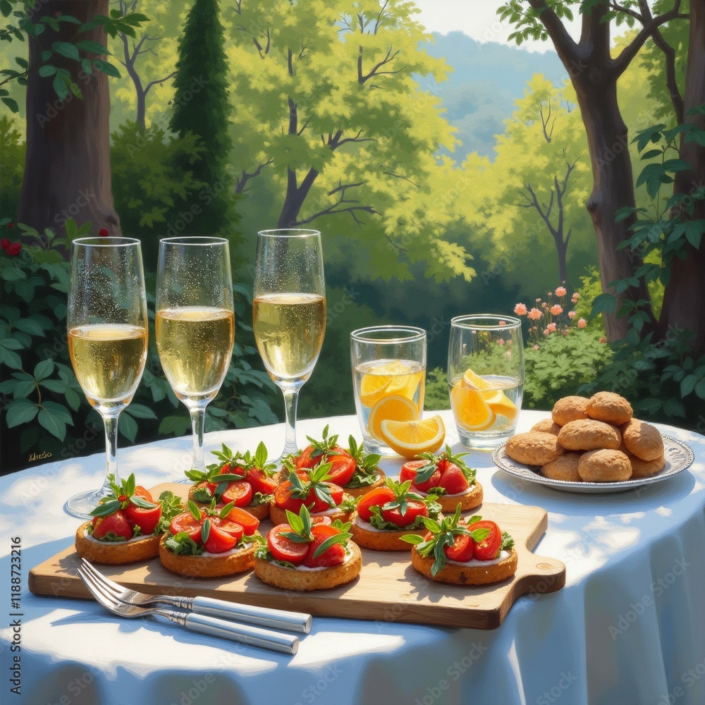 Aufkleber the image shows a table set up in a garden with a beautiful view of the countryside.