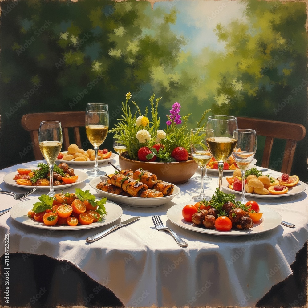 Poster the image shows a table set up for a meal in a garden-like setting. the table is covered with a whit