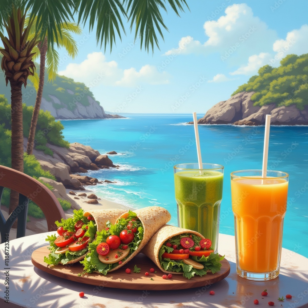Poster the image shows a table with two glasses of orange juice and a plate of wraps on it. the table is se
