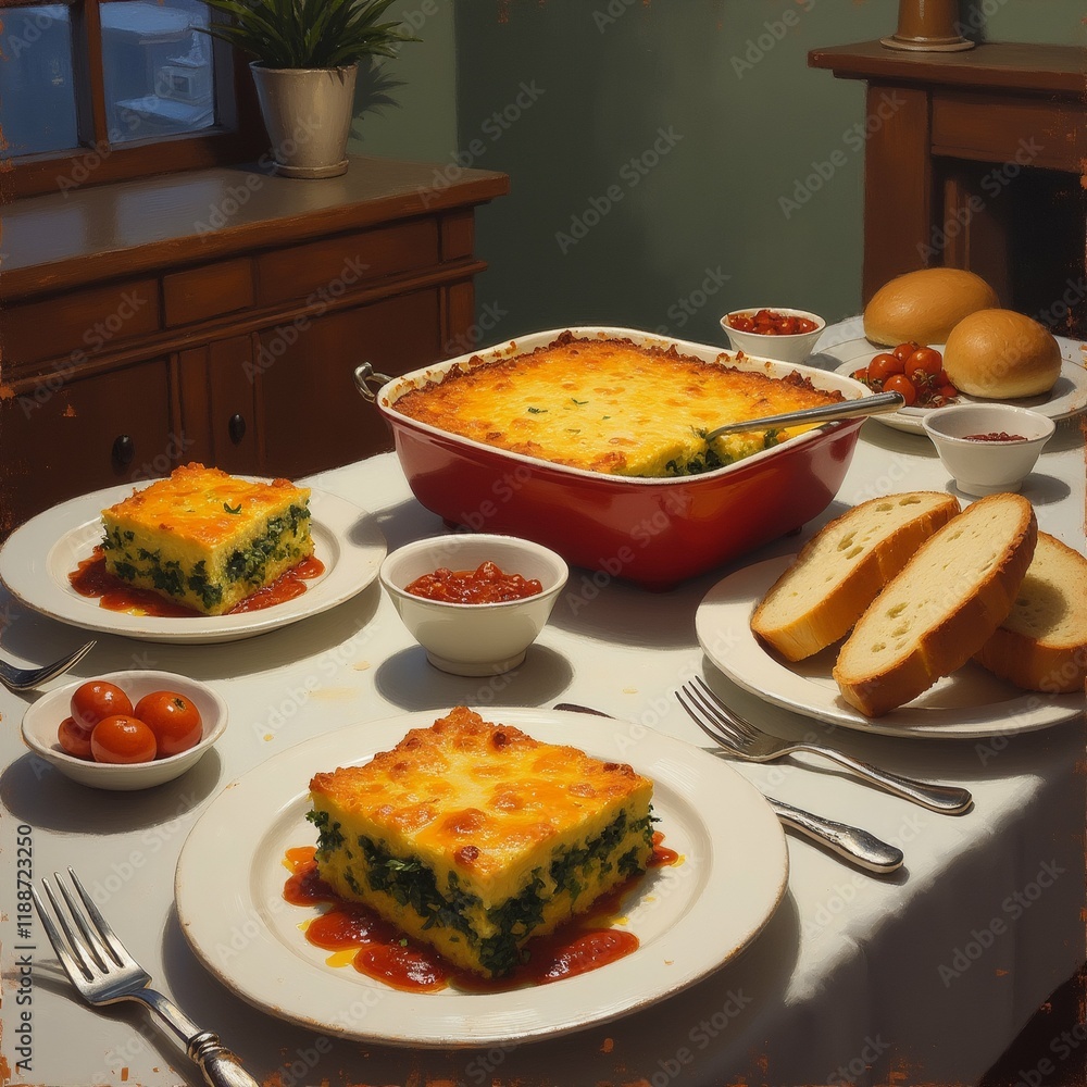 Poster the image shows a table with a variety of food items on it. on the left side of the table, there is 