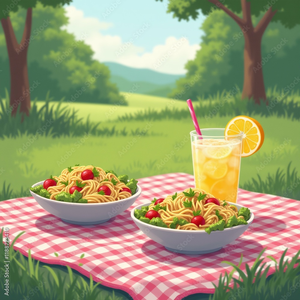 Poster the image shows two bowls of pasta and a glass of lemonade on a red and white checkered tablecloth i