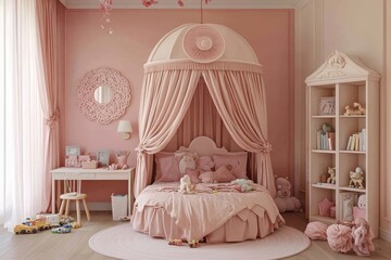 A pink girl's bedroom with white and pastel decor, featuring an elegant bed canopy, desk, bookcase, and playful toys on the floor.