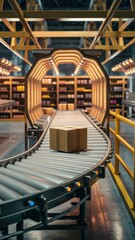 Industrial conveyor belt, illuminated archway, warehouse interior, geometric patterns, warm lighting, metallic textures, futuristic logistics, automated sorting system, curved pathway, depth of field,