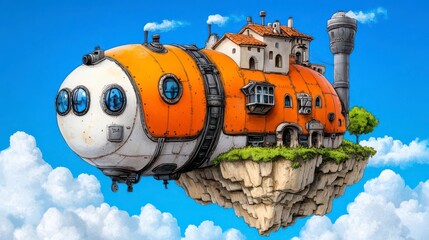 Airship Home: Floating house in the sky, serene cloudscape.