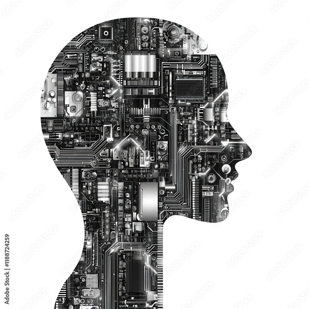 Poster a silhouette of a human head filled with intricate circuit board patterns, symbolizing the intersect