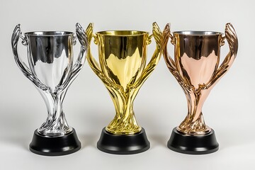 A catalog picture of three shiny gold silver trophy