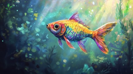 Fototapeta premium Vibrant iridescent goldfish swimming in sunlit underwater scene.