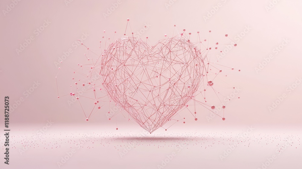 Poster minimalist 3d render of heart surrounded by abstract geometric lines and particles in soft pink back