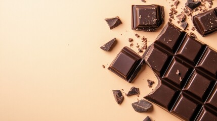 Minimalist flat lay of a chocolate bar on a soft beige backdrop, leaving space for text or branding elements.